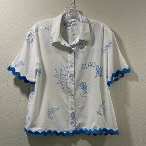 JANE & DELANCEY (NWT) "Ciao" Short Sleeve Button Down RicRac Blouse, Wht/Blu - M